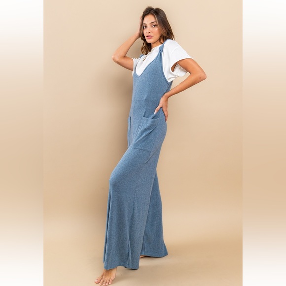 36 Brushed Ribbed Knit Knot Strap Wide Leg Jumpsuit - Picture 4 of 5
